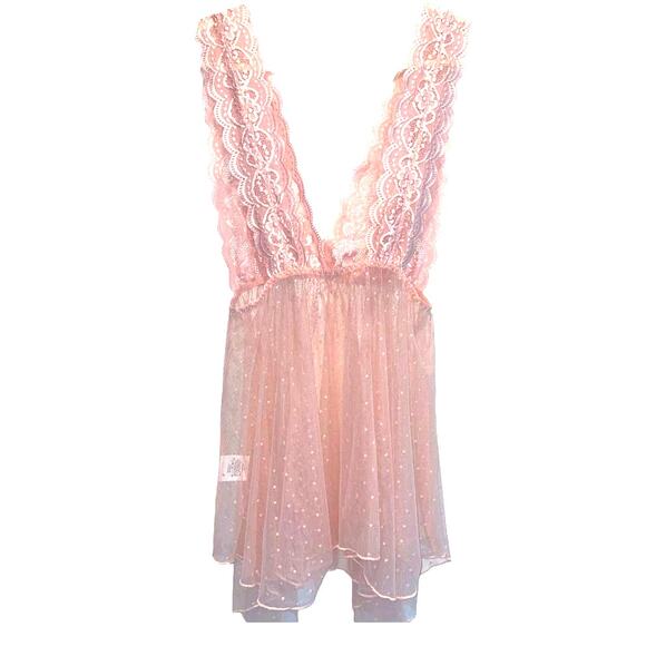 Pink Lace Swiss Dot on Mesh Lingerie Short Nightie size Large - Picture 3 of 7